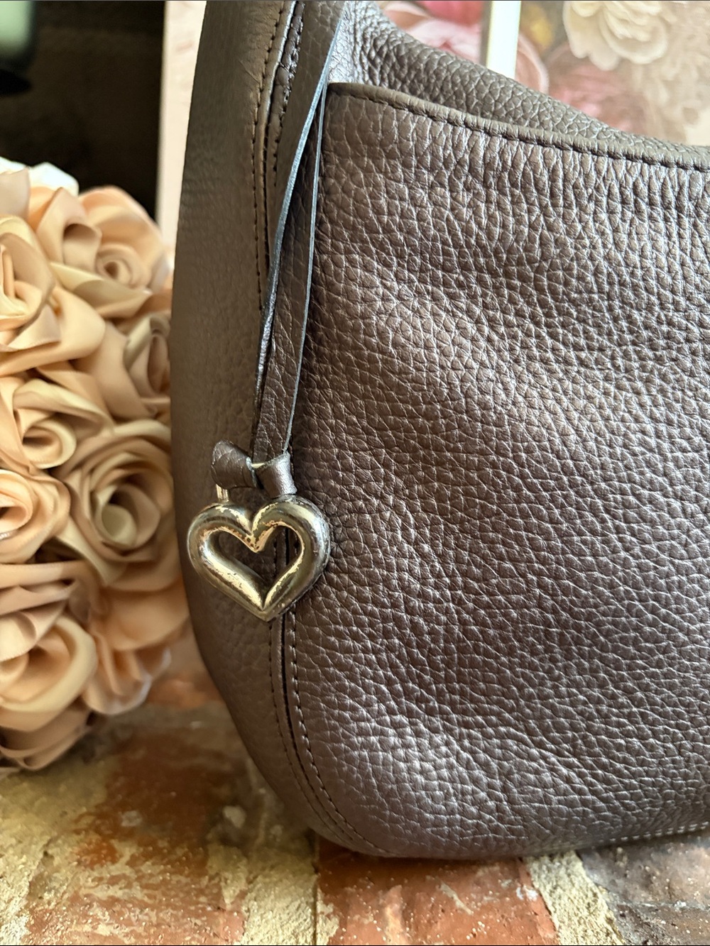 Brighton Dark Brown Pebbled Leather Braided Shoulder Hobo Bag Heart Tassel - Picture 5 of 9